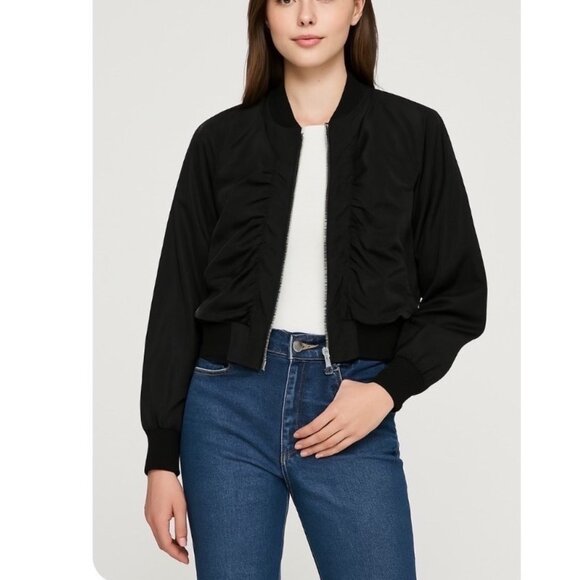 SEEK The Label Black Bomber Jacket Women’s Size XS Ruched Front Zip Up Cropped S - Picture 1 of 10